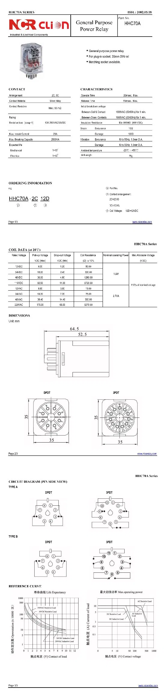 10A General Purpose Relay HHC70A-3Z-220VDC
