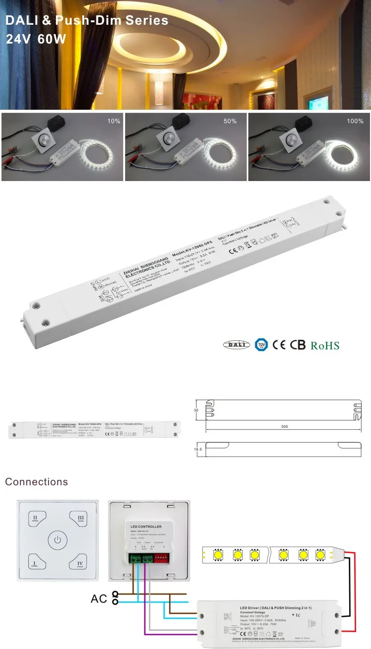 5 Years 100V 277V AC 12V 24V 30 Watt 60W LED Power Supply Dali Lighting Control Dali Dimming Push Dimming Dimmable LED Driver