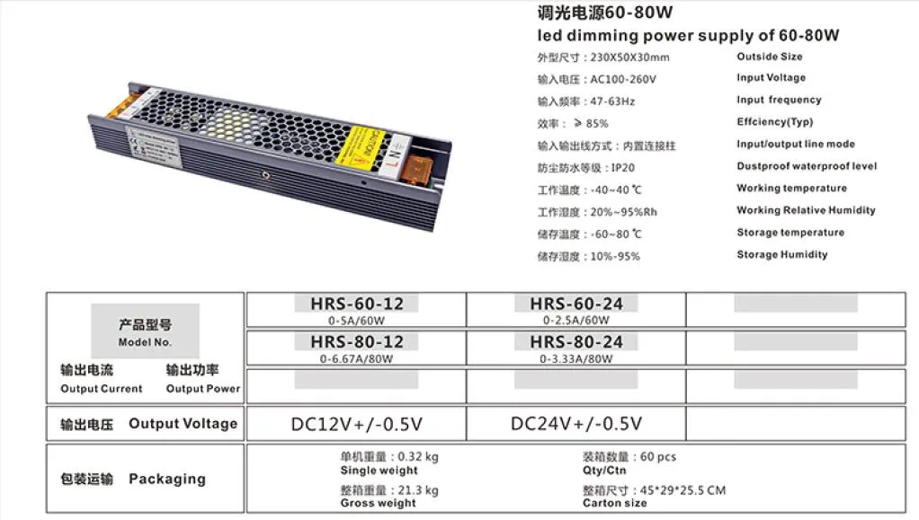 60W 80W Output 24V Dimmable Non-Waterproof IP20 Indoor Switching LED Power Supply