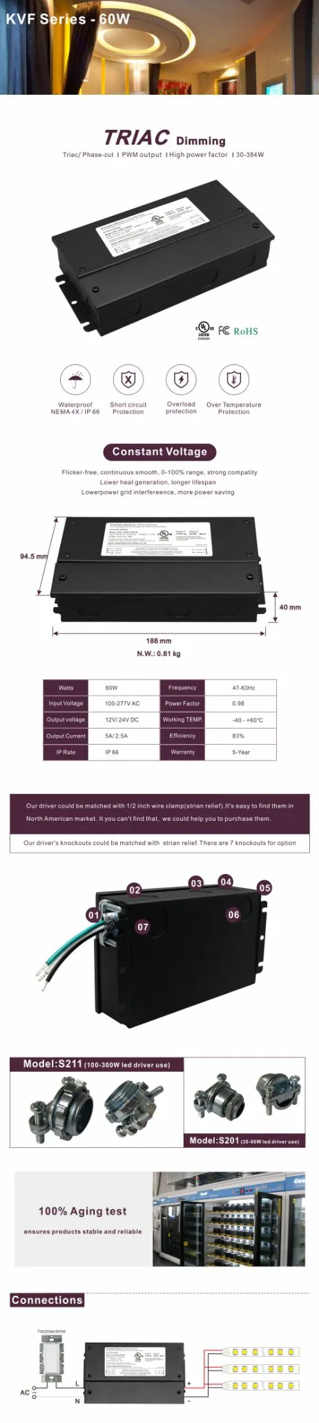 Constant Voltage Power Supply LED Lighting Driver 60W 24V Single Output Power Supply 5AMP for LED Strip