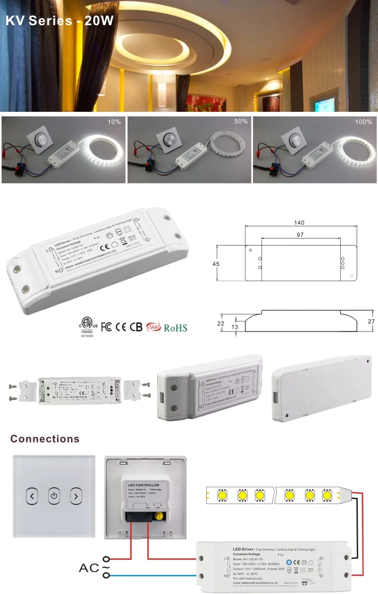 Good Dimming Effect 20W 48V 0.42A LED Triac Dimmer Driver IP20 with CE Terminal