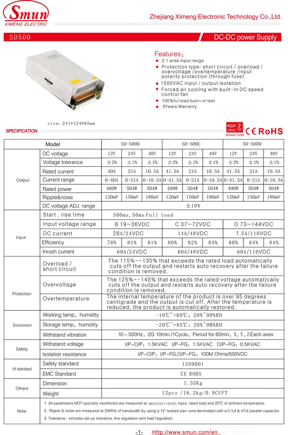 SD-500b-24 500W 24VDC to 24VDC 21A Isolated DC-DC Converter