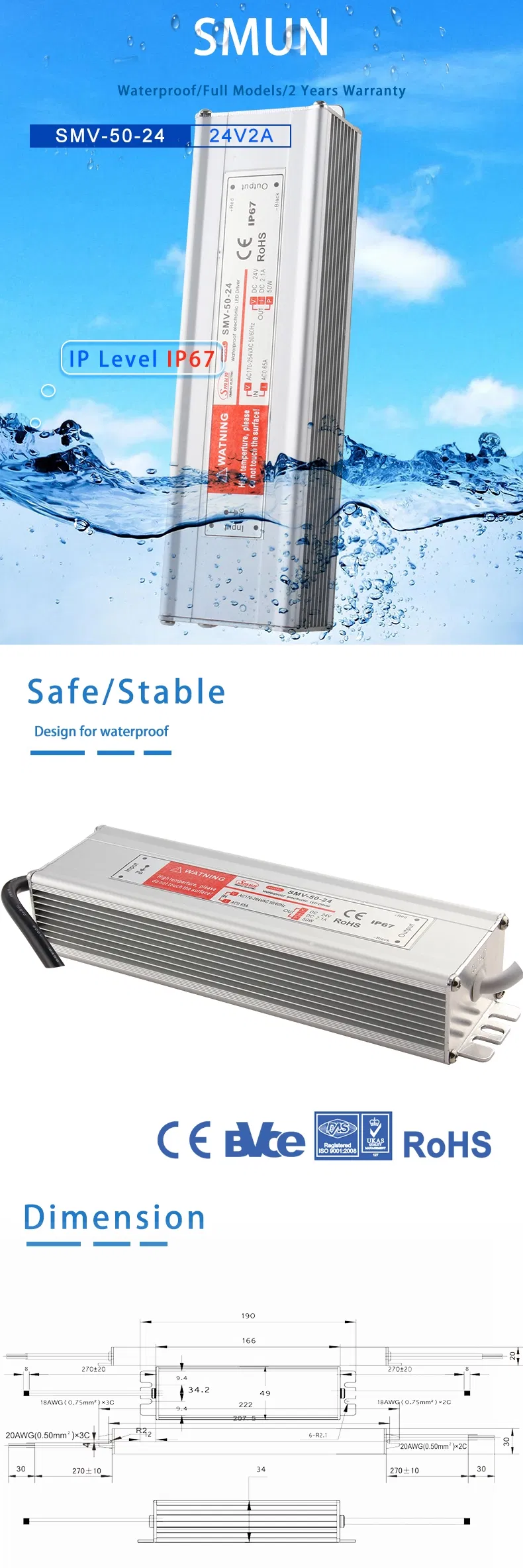 Smv-50-24 50W 24VDC 2A IP68 Waterproof Constant Voltage Power Supply